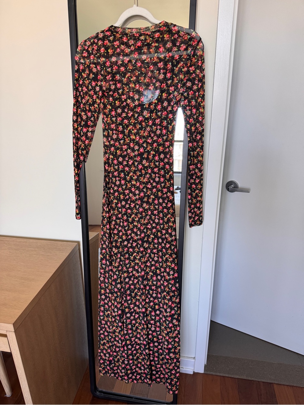 AFRM Black Floral Mesh Dress with Pink & Green Accents - XS